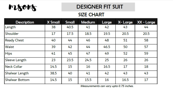 Msons Designer Fit Size
